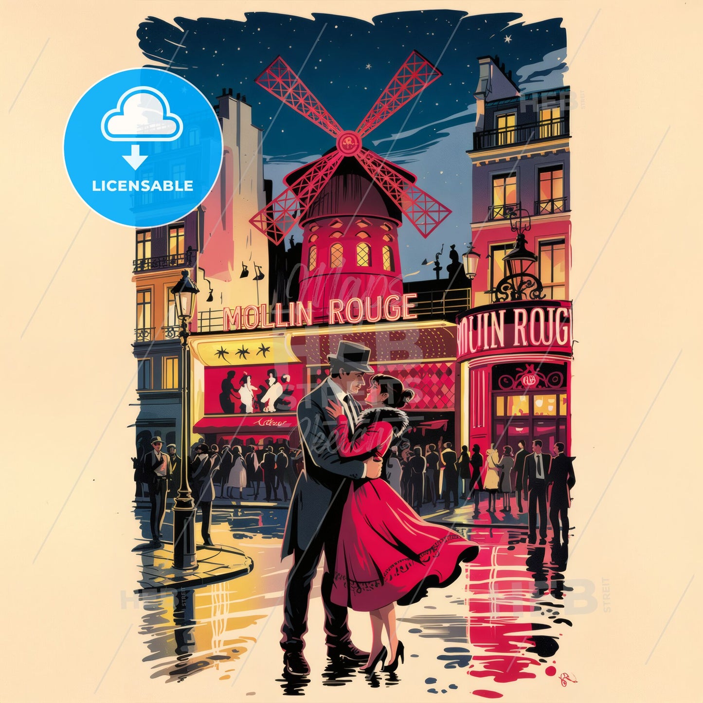Moulin Rouge - Romantic scene at the Moulin Rouge. Print Template.