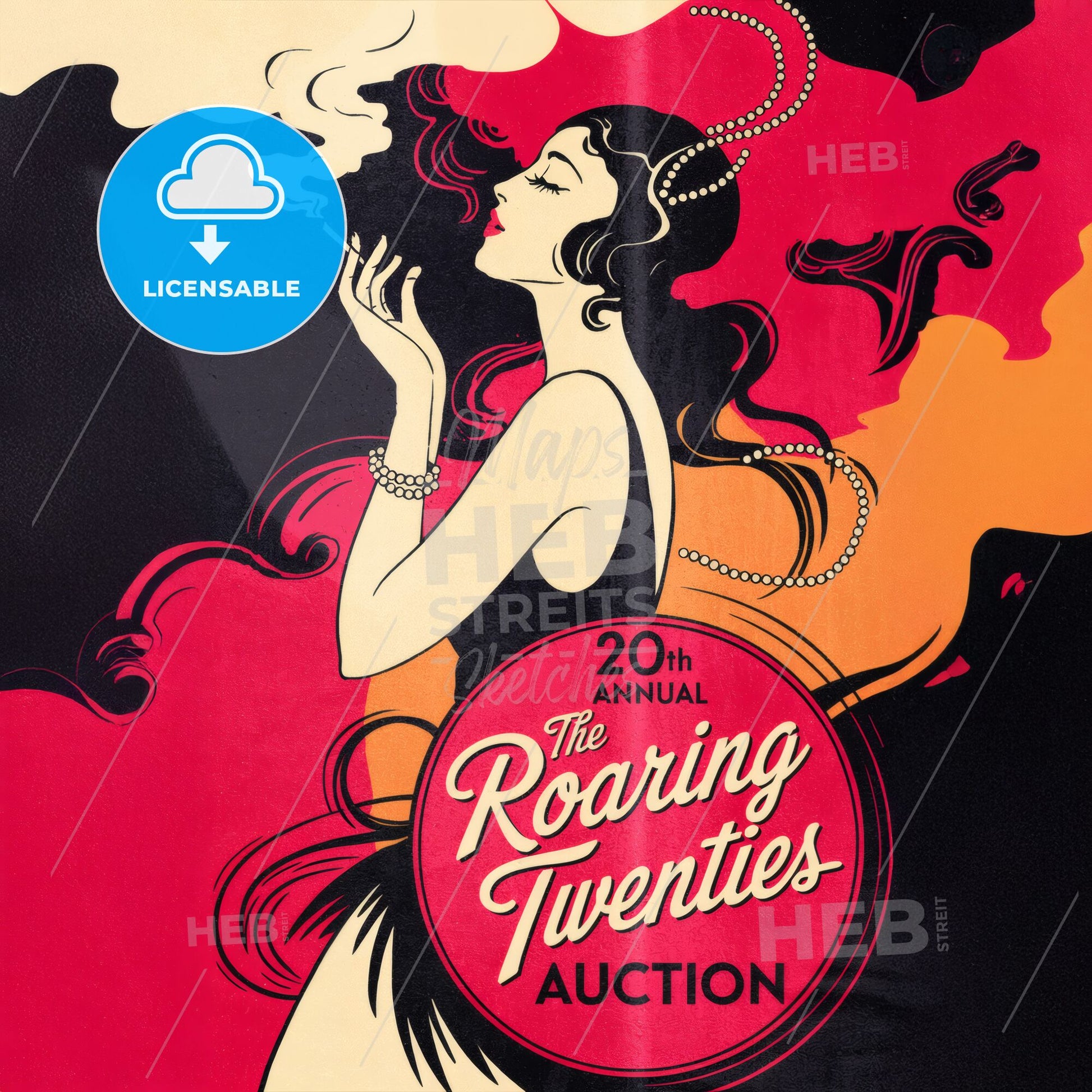 The Roaring Twenties Auction -Stylish 1920s Woman Smoking Print Template.