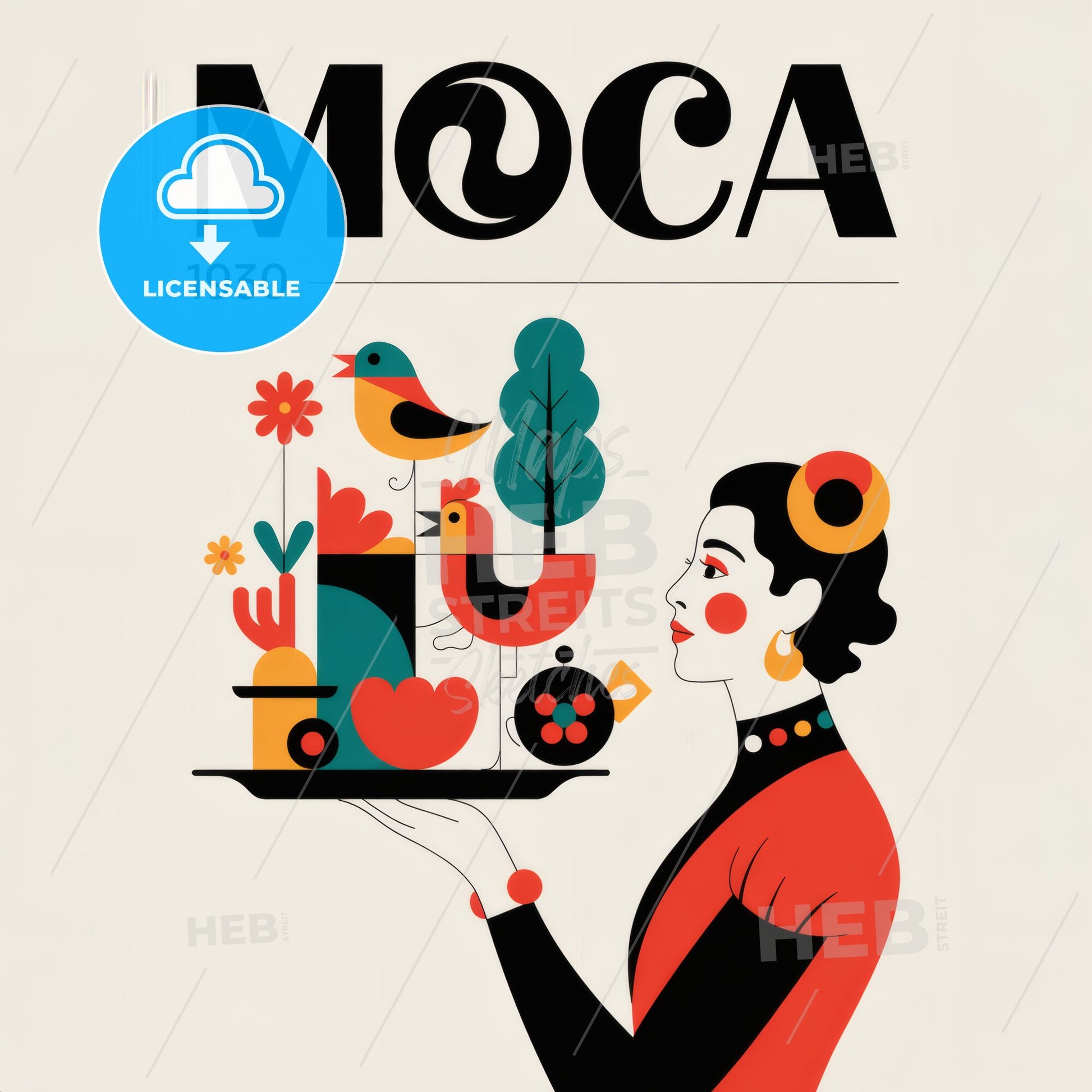 MOCA 1930 - Colorful woman holding a tray with plants and birds. Print Template.