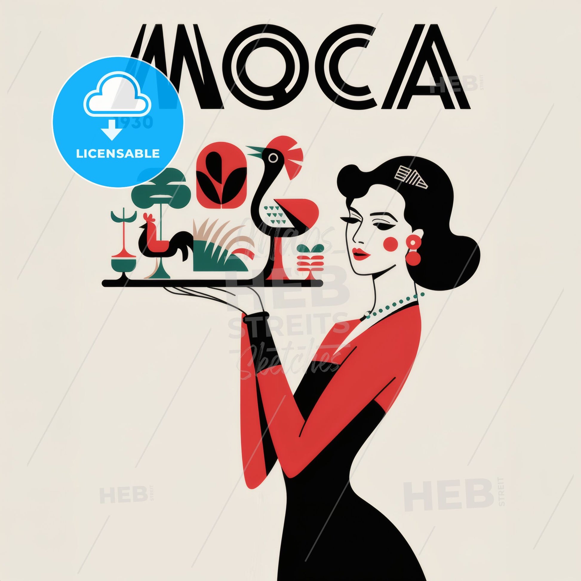 MOCA 1930 - Woman holding decorative objects in vintage style. Print Template.