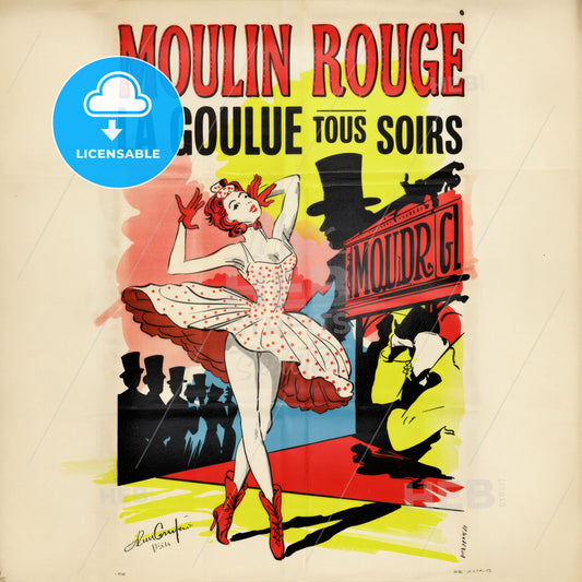 Moulin Rouge - Colorful cabaret poster of a dancer. Print Template.
