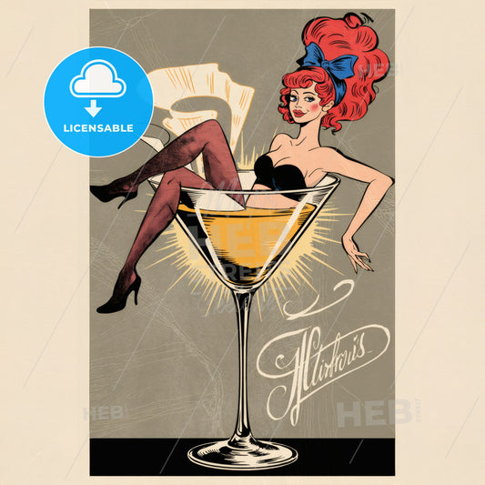Retro pin-up girl in a martini glass Print Template.