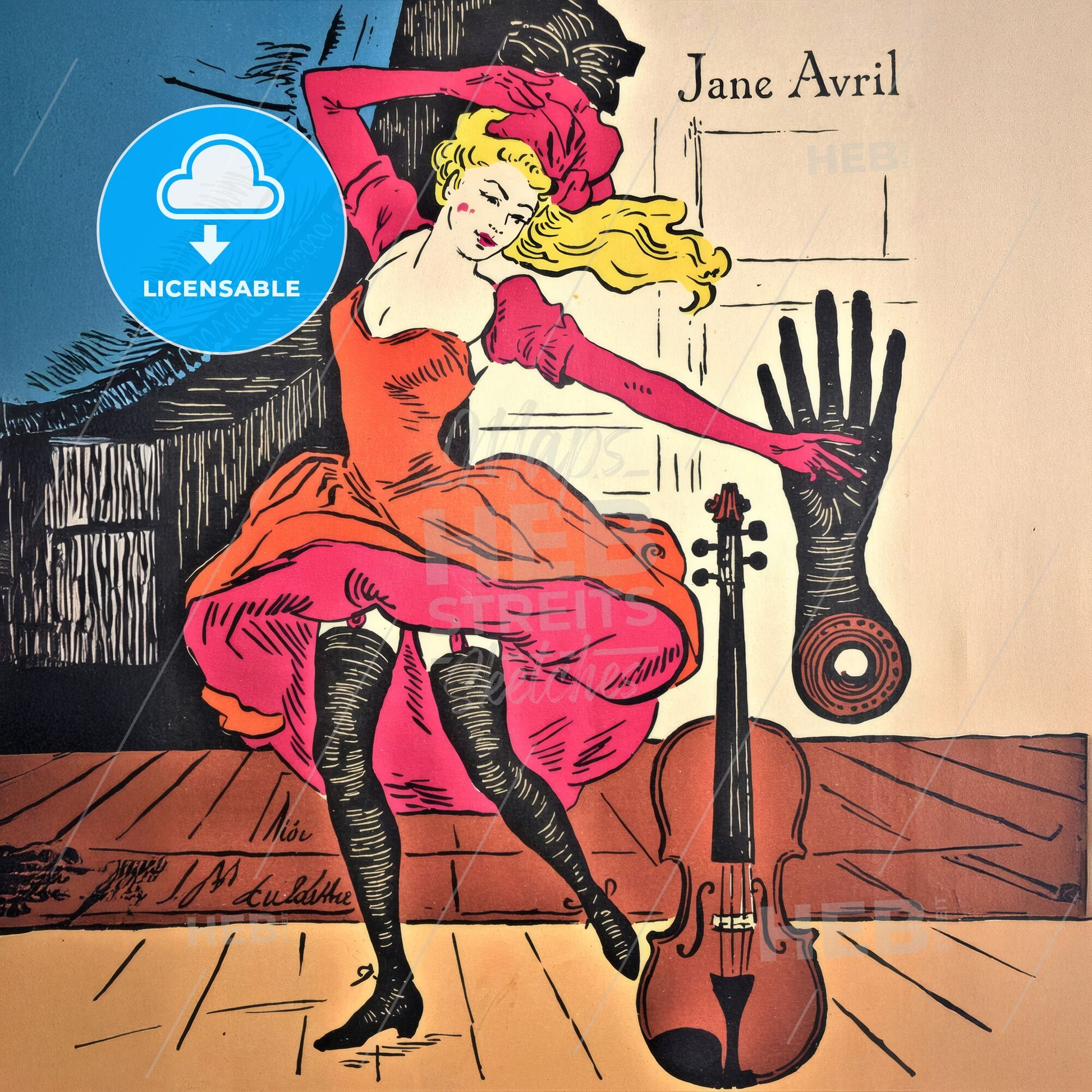 Jane Avril - Vibrant Dancer with Violin Print Template.