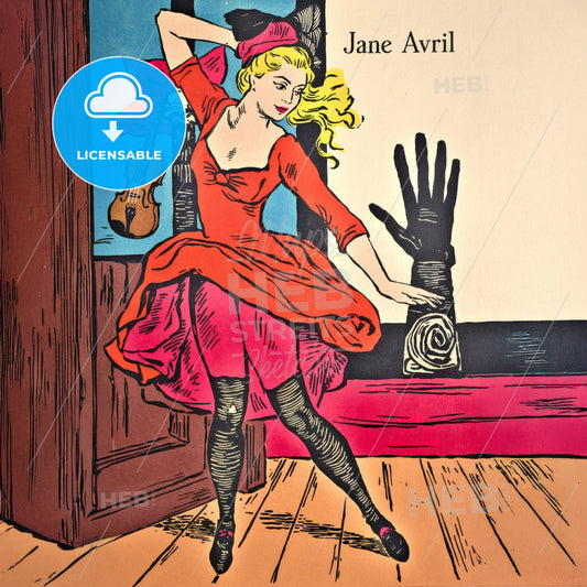 Jane Avril - Dancing Woman in Red Dress Print Template.