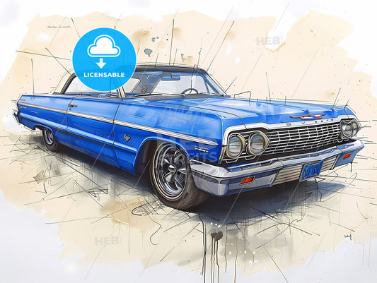 Vibrant Art Painting of a Blue 1964 Chevrolet Impala Rough Sketch with White Stripes