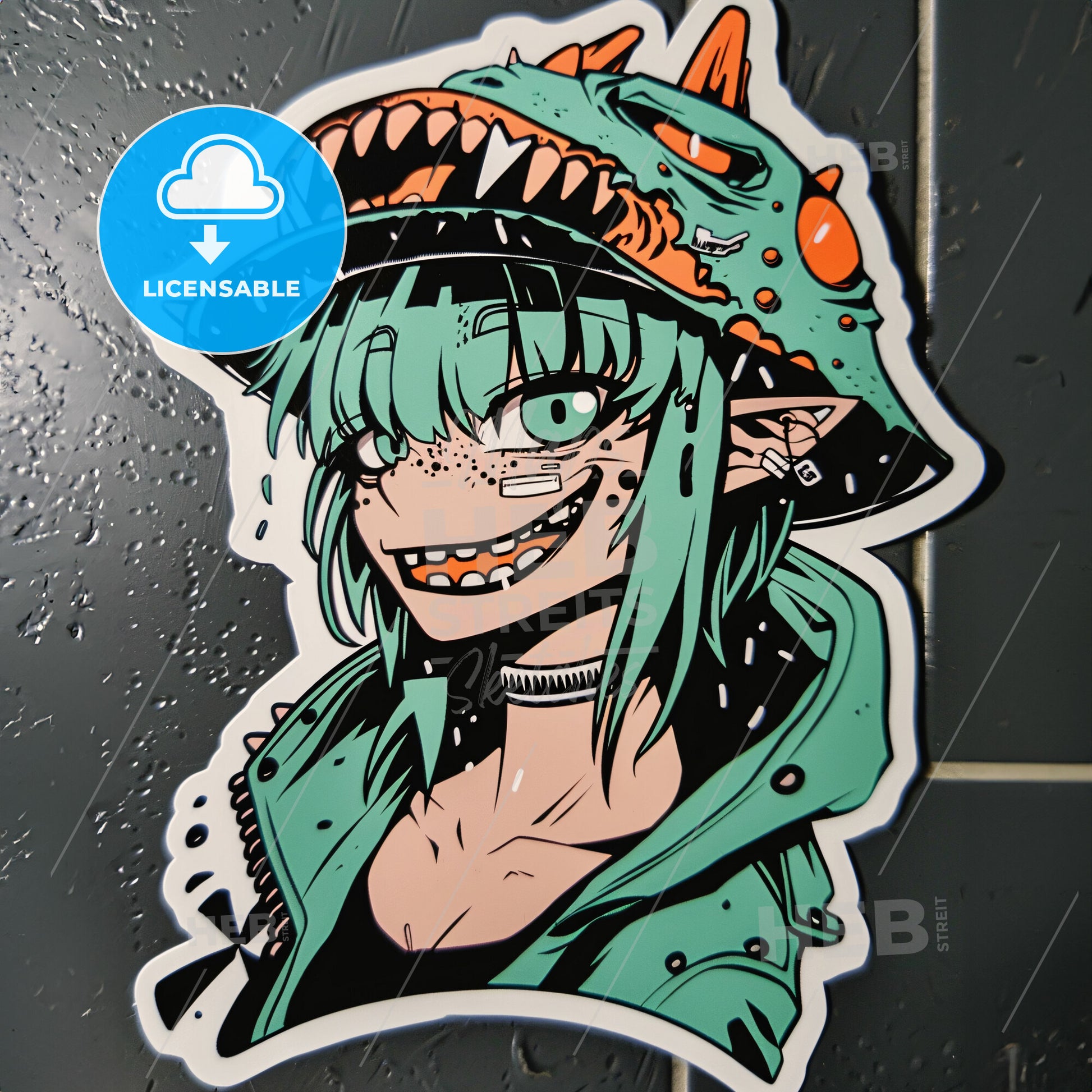 A Cartoon Sticker Of A Woman With Green Hair And A Monster Hat