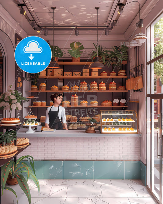 Artistic Depiction of a Bakery's Pride: Quaint Kitchen, Delicious Pastries, and Inspiring Artwork