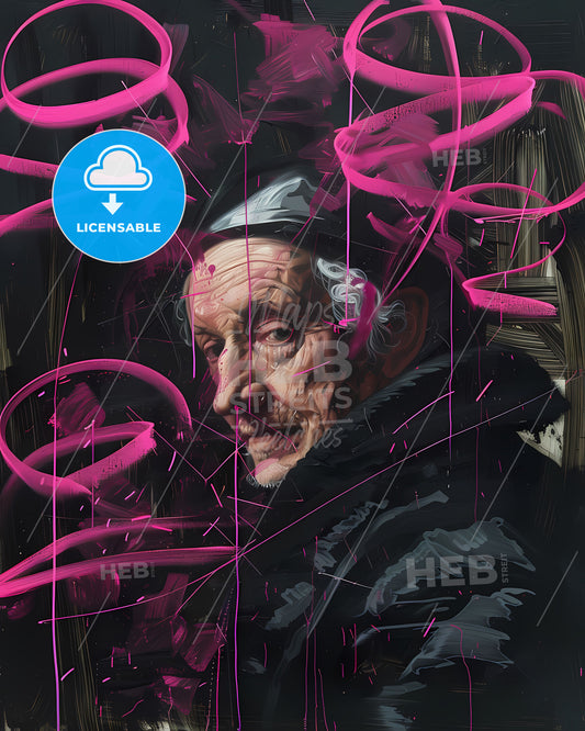 Baroque Portrait Graffiti Tagging Dark Academia Paintbrush Artwork Man Pink Ribbons