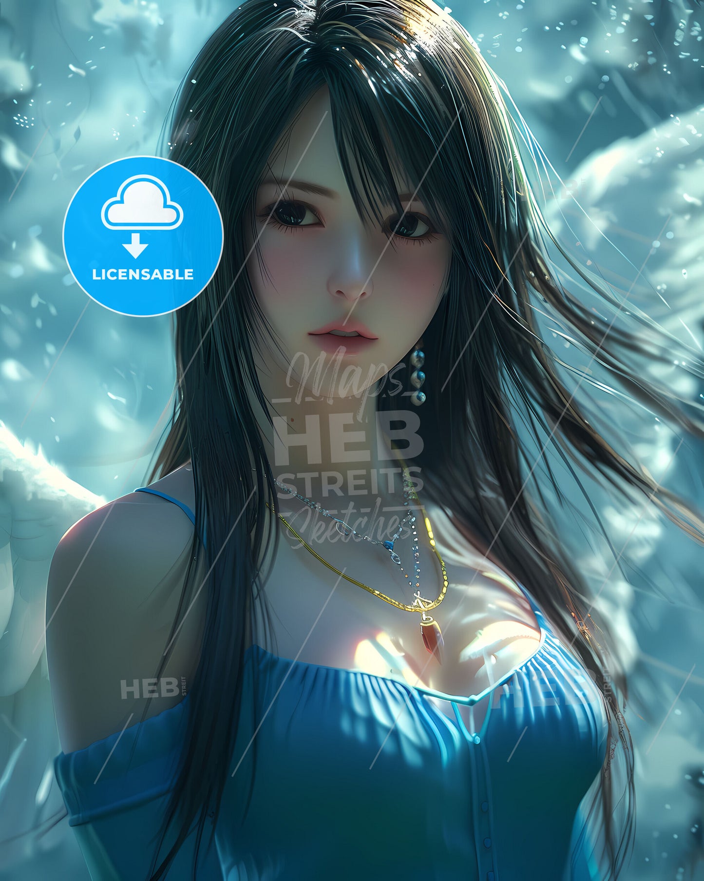 Angelic Fantasy: Vibrant Digital Painting of a Blue-Clad Angel with Black Hair Flying in a Cloudy Sky