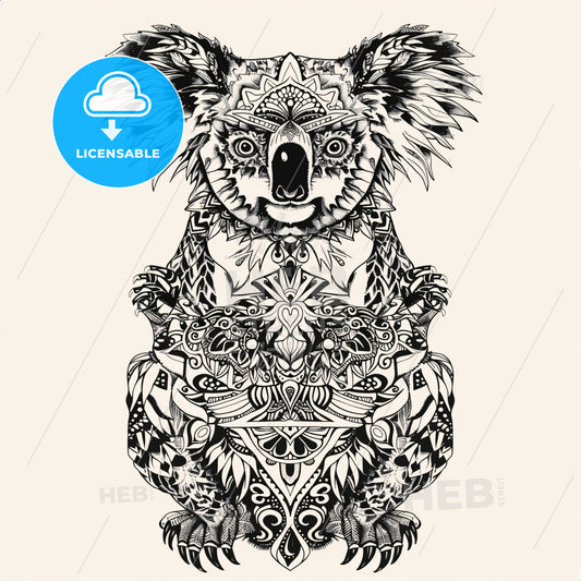 A black and white coloring book image featuring an illustration of a realistic koala and its baby with mandala patterns all over its body. Simple and bold line - A black and white drawing of a koala bear