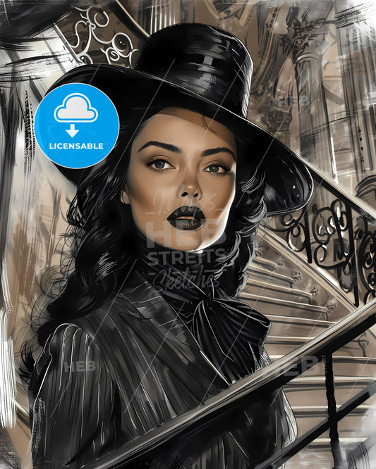 Monochromatic and vivacious noir comic art piece featuring a monumental woman in a hat and coat, exhibiting a focus on artistic details and vibrant color