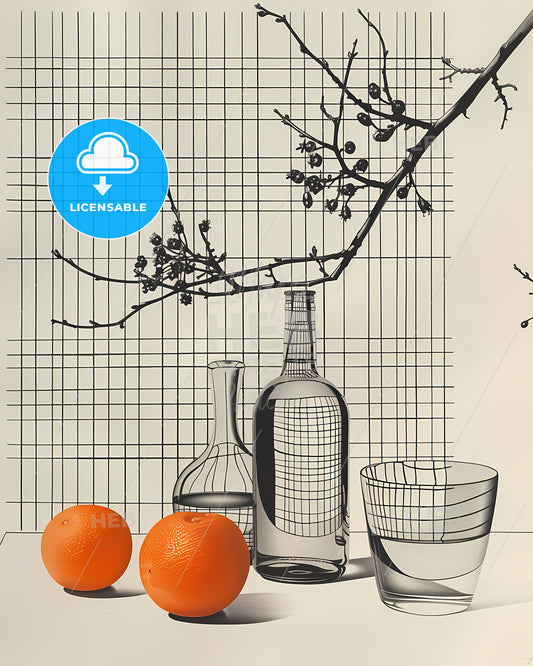 Minimalist Line Art: Black and White Still Life with Bottle and Oranges, Vibrant Painting, Art Print