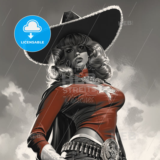 A Black And White Vintage Photography Of A Cow Girl 1940S Styl - A Woman In A Red Shirt And A Sombrero