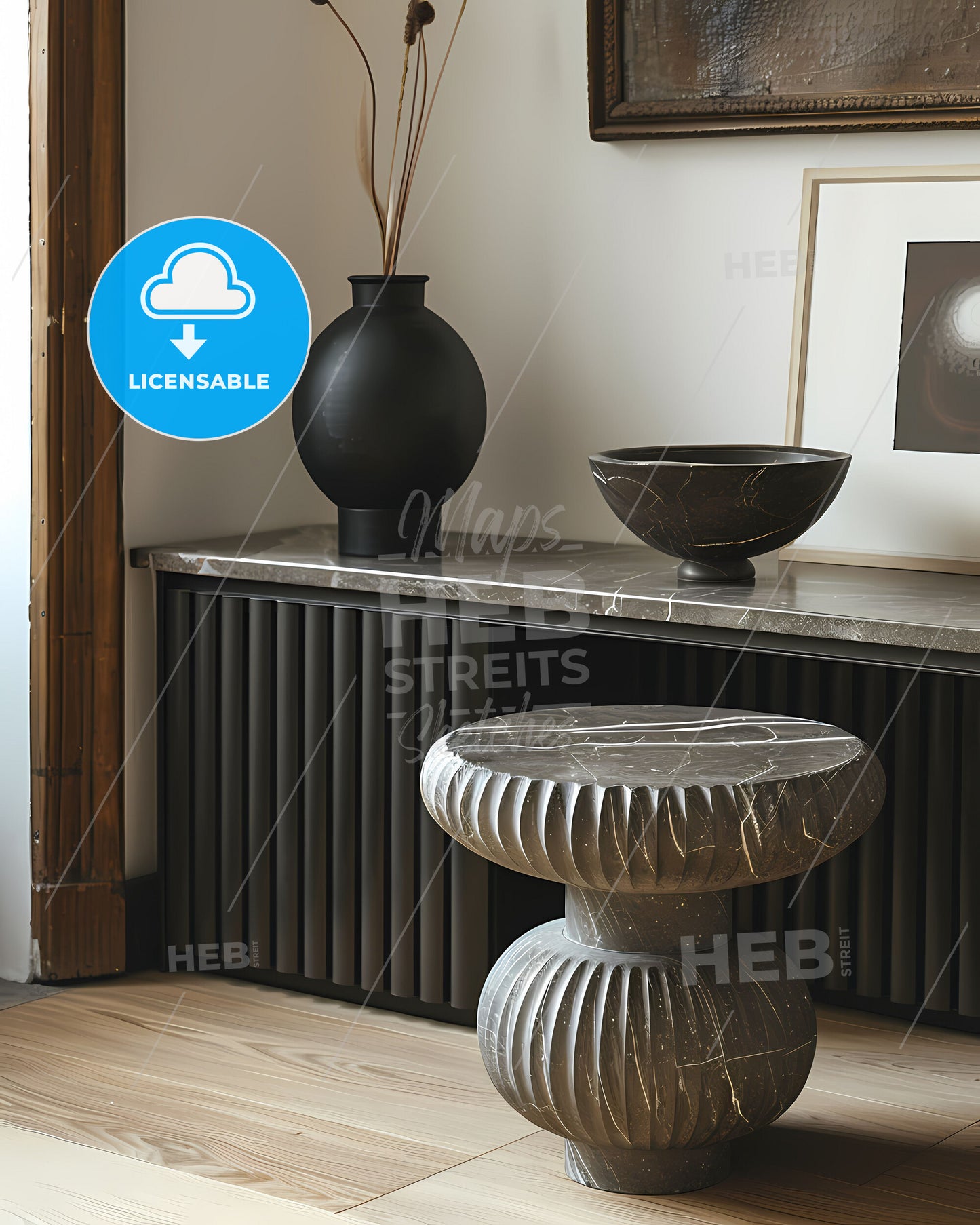 Contemporary Black Metal Nightstand With Fluted Legs, Abstract Gray Marble Sculpture, Vibrant Painting, Product Photography, Studio Lighting,