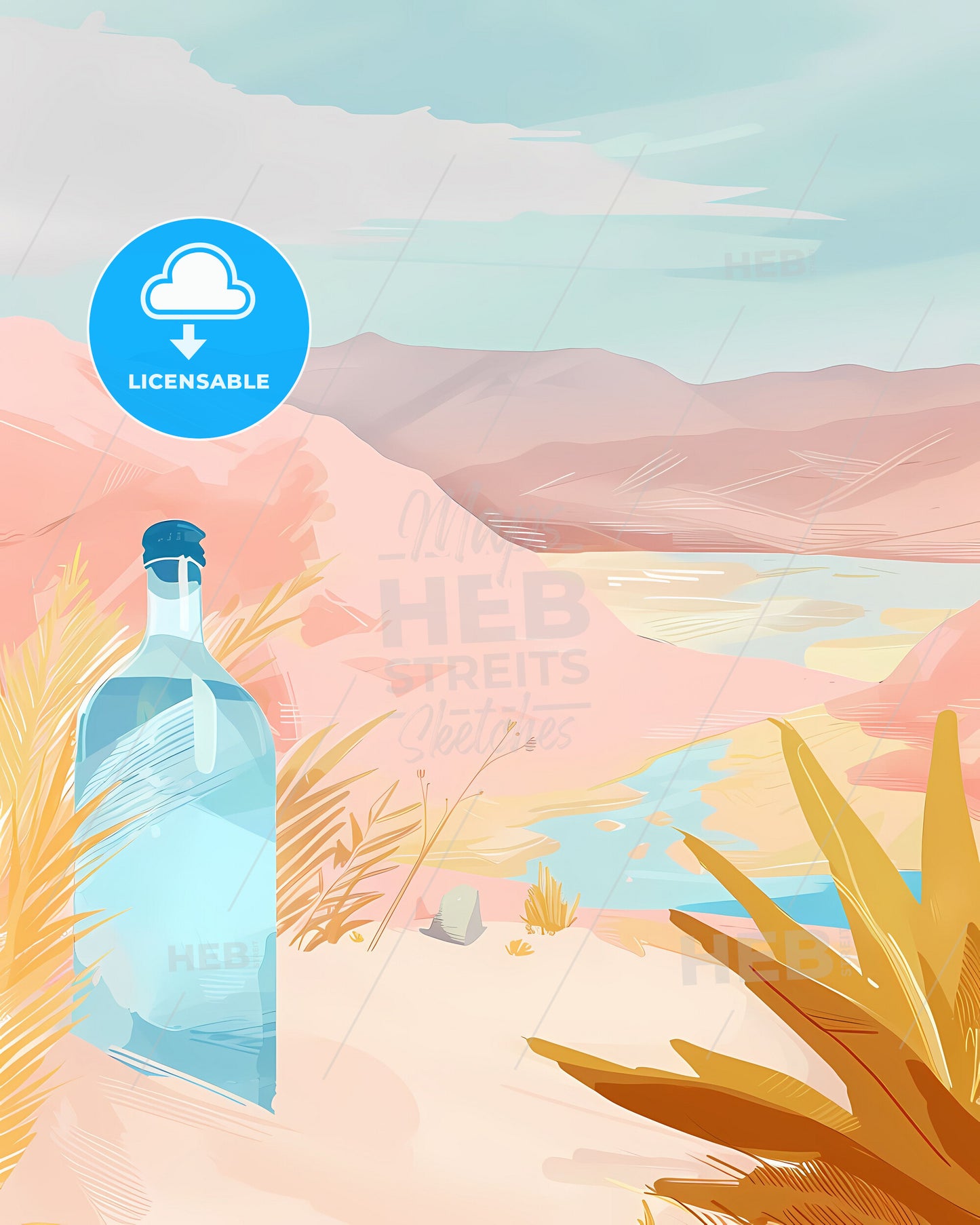 Abstract Blue Painting with Japanese Sake, Delicate Landscape, Animation Still, Bottle in Desert, Vibrant Art