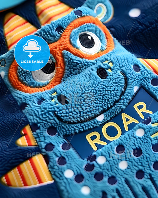 Blue Dinosaur in Glasses with ROAR Letters, Cartoon Design for Childrens Pyjamas with Vibrant Artwork on Plush Fabric.