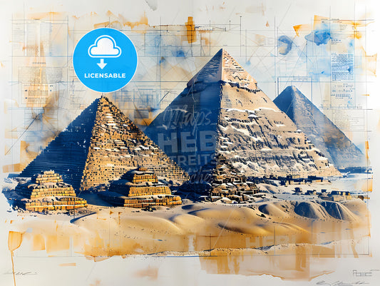 Pyramids of Giza & Design Blueprint: A Detailed, Precisionist Painting of Ancient Wonders