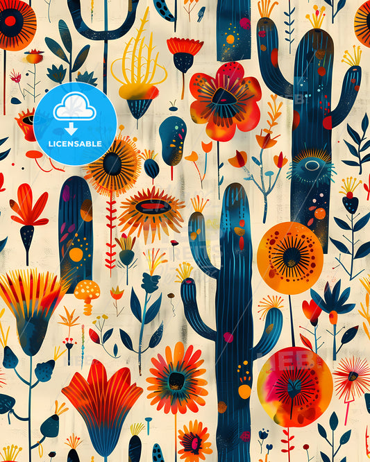 Vibrant Bohemian Seamless Digital Paper with Colorful Cactus and Floral Elements