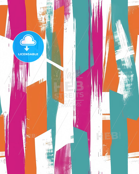 Vibrant Geometric Abstract Painting with Hot Pink, Orange, Cyan and White Stripes and Lines for Art and Design