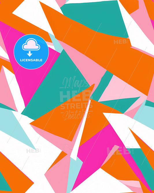 Bold Geometric Abstract Painting: Vibrant Triangles and Squares in Hot Pink, Orange, Cyan and White