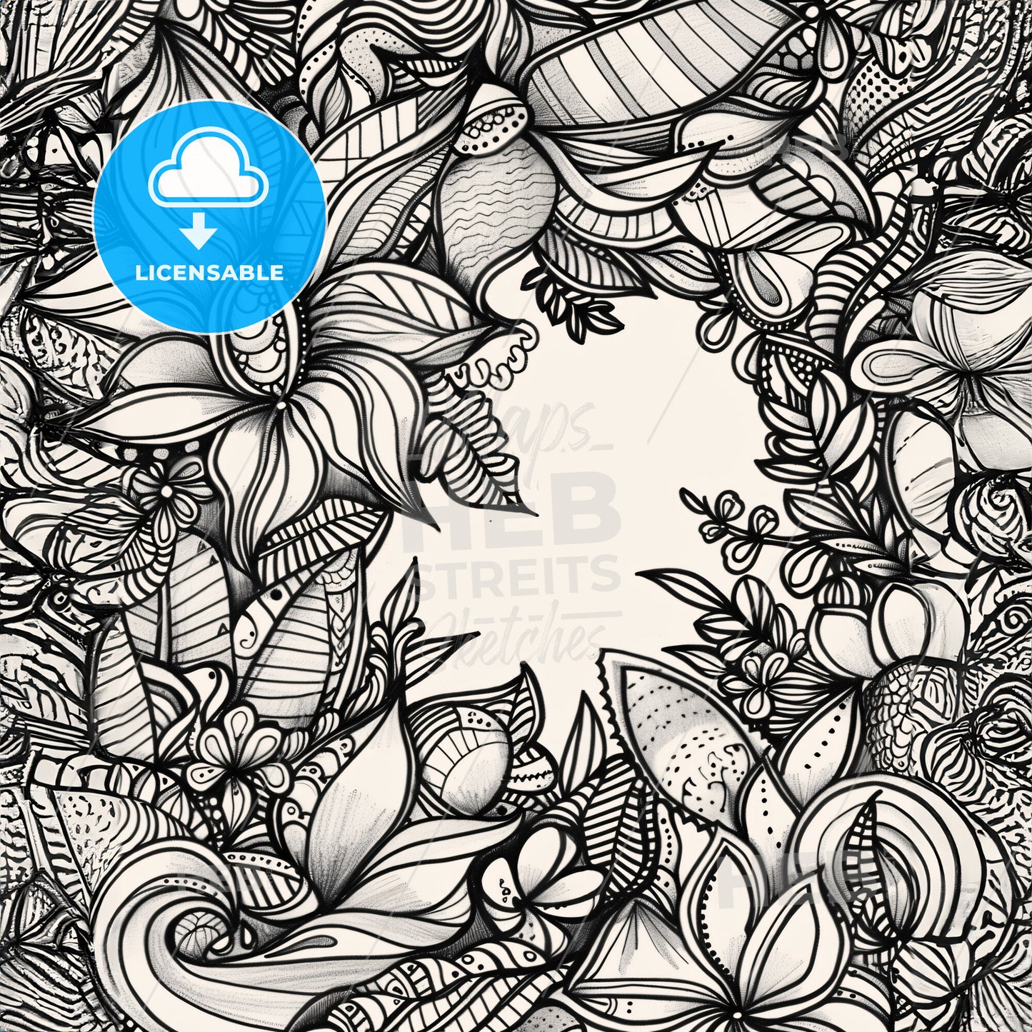 A Bold Zentangle Garden-Themed Background With Vines - A Black And White Drawing Of Flowers