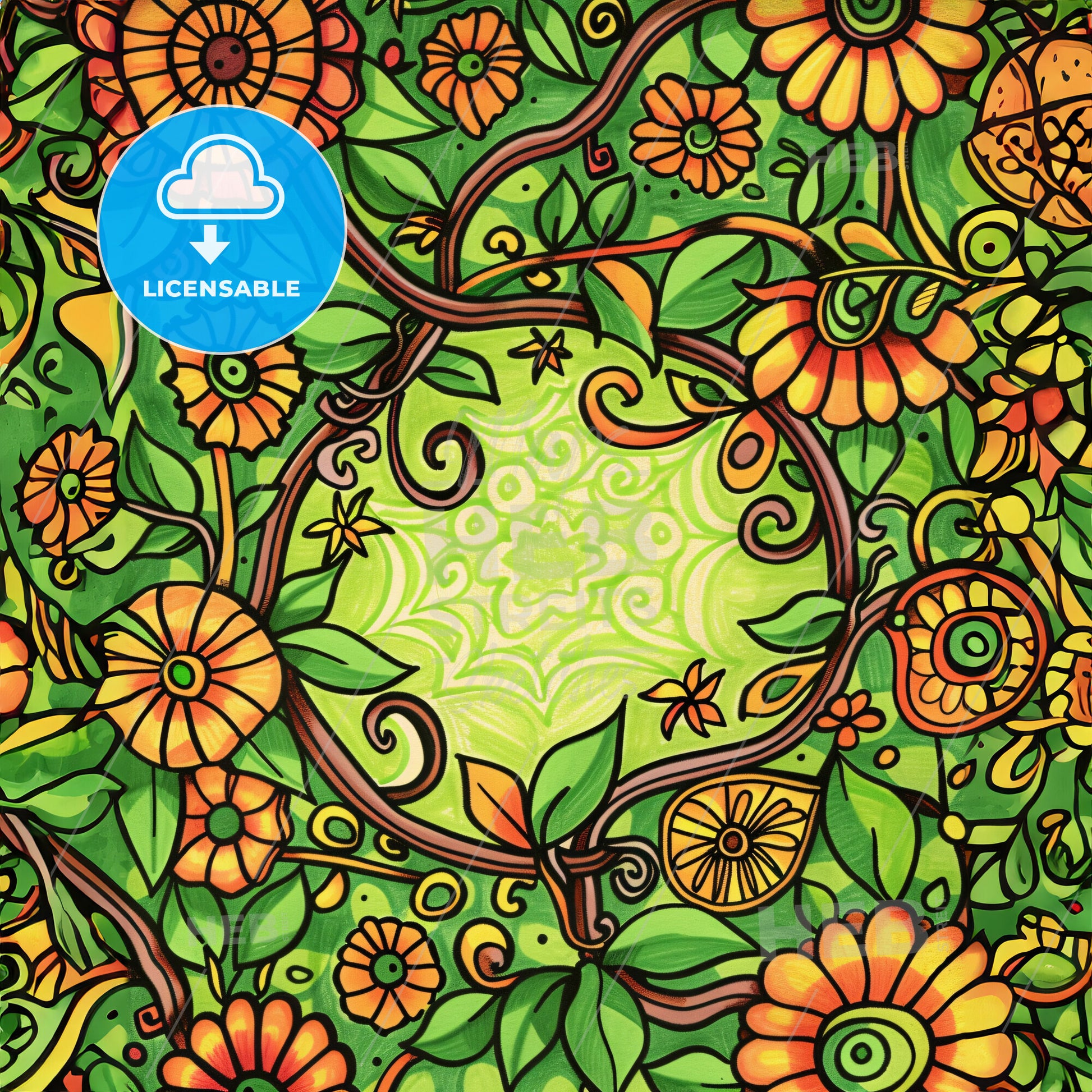 A Bold Zentangle Garden-Themed Background With Vines - A Green And Orange Floral Pattern