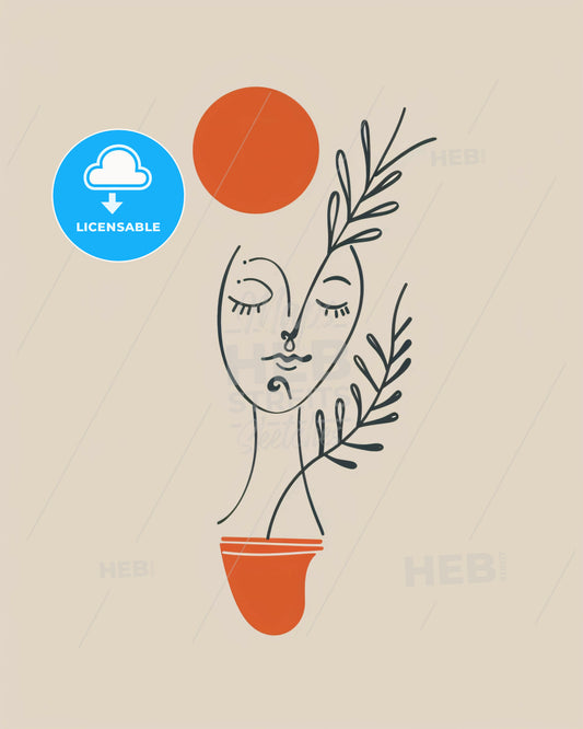 Beige Zen Still Life Poster - A drawing of a face and a plant