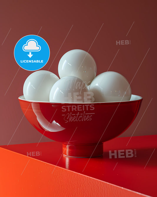 Playful Minimalist Bowl of Luminescent Spheres: White Eggs on a Vibrant Red Canvas, Conceptual Minimalism