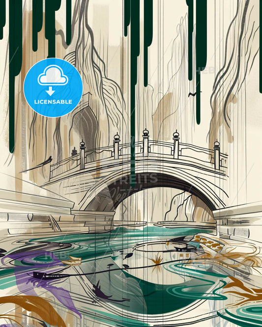 Tranquil Bridge Minimalist Art Print - A drawing of a bridge over a river