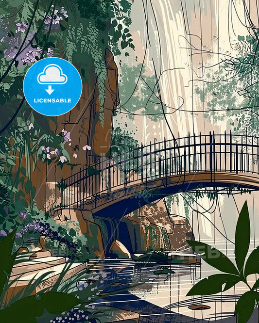 Zen Garden Minimalist Line Art Prints - A bridge over a stream