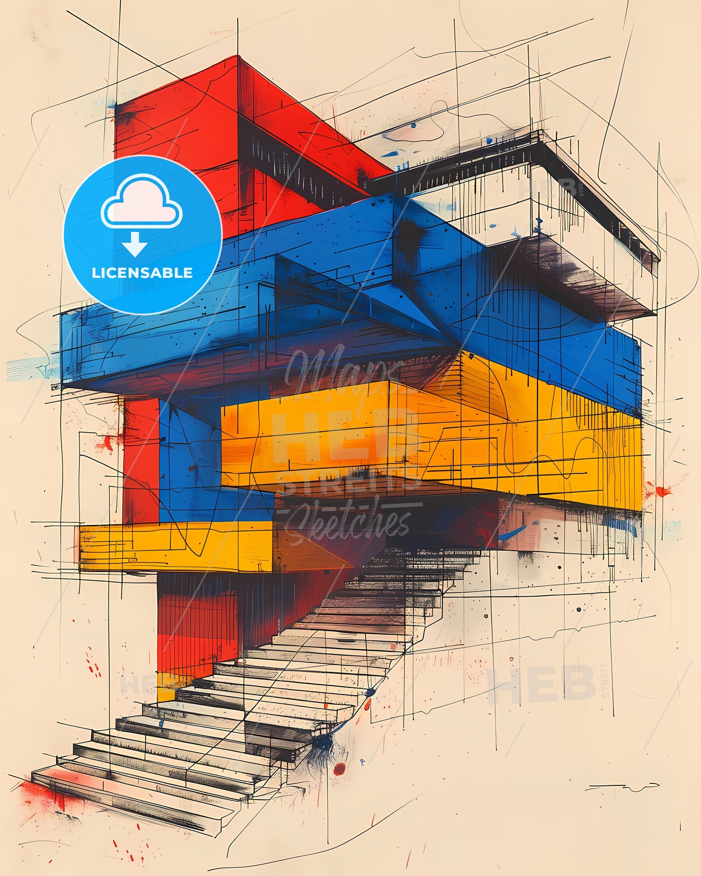 Modernist Architecture: Bold Geometric Shapes, Primary Colors, Minimalist Simplicity, Black and White Contrasts, Drawing