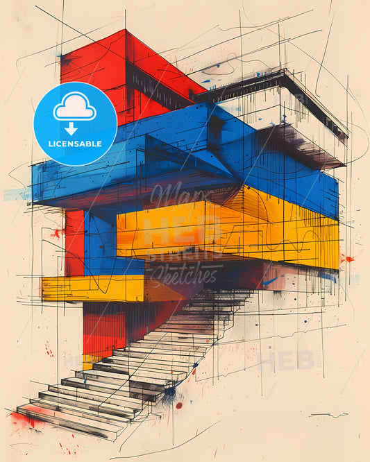 Modernist Architecture: Bold Geometric Shapes, Primary Colors, Minimalist Simplicity, Black and White Contrasts, Drawing