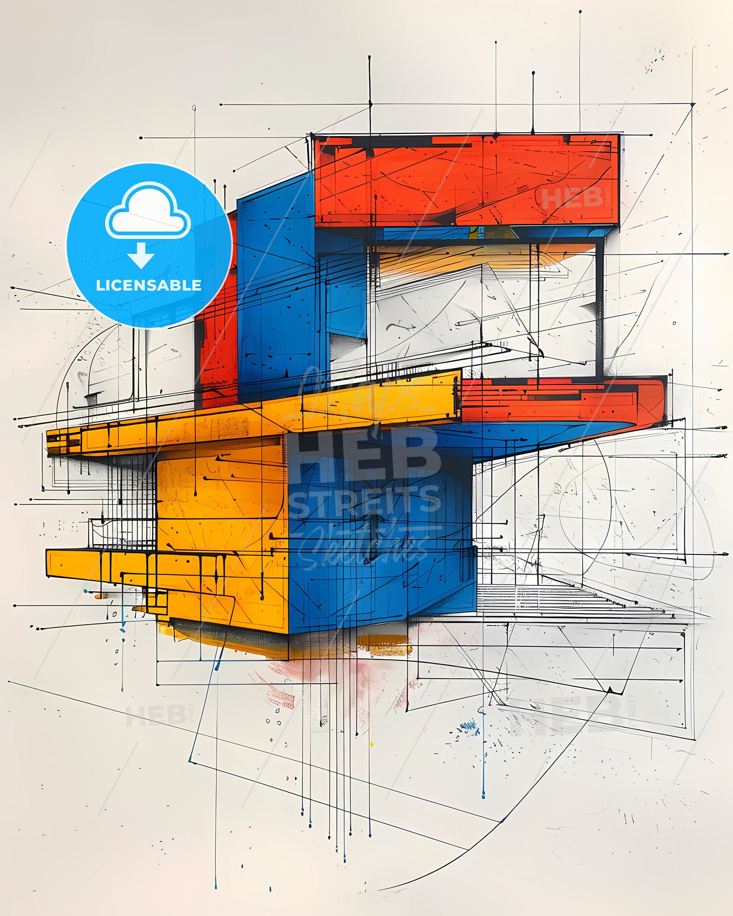 Bold Geometric Suprematist Architecture Sketch: Vibrant Primary Colors Blue Red Yellow Black White Minimalist Modernist Building Art