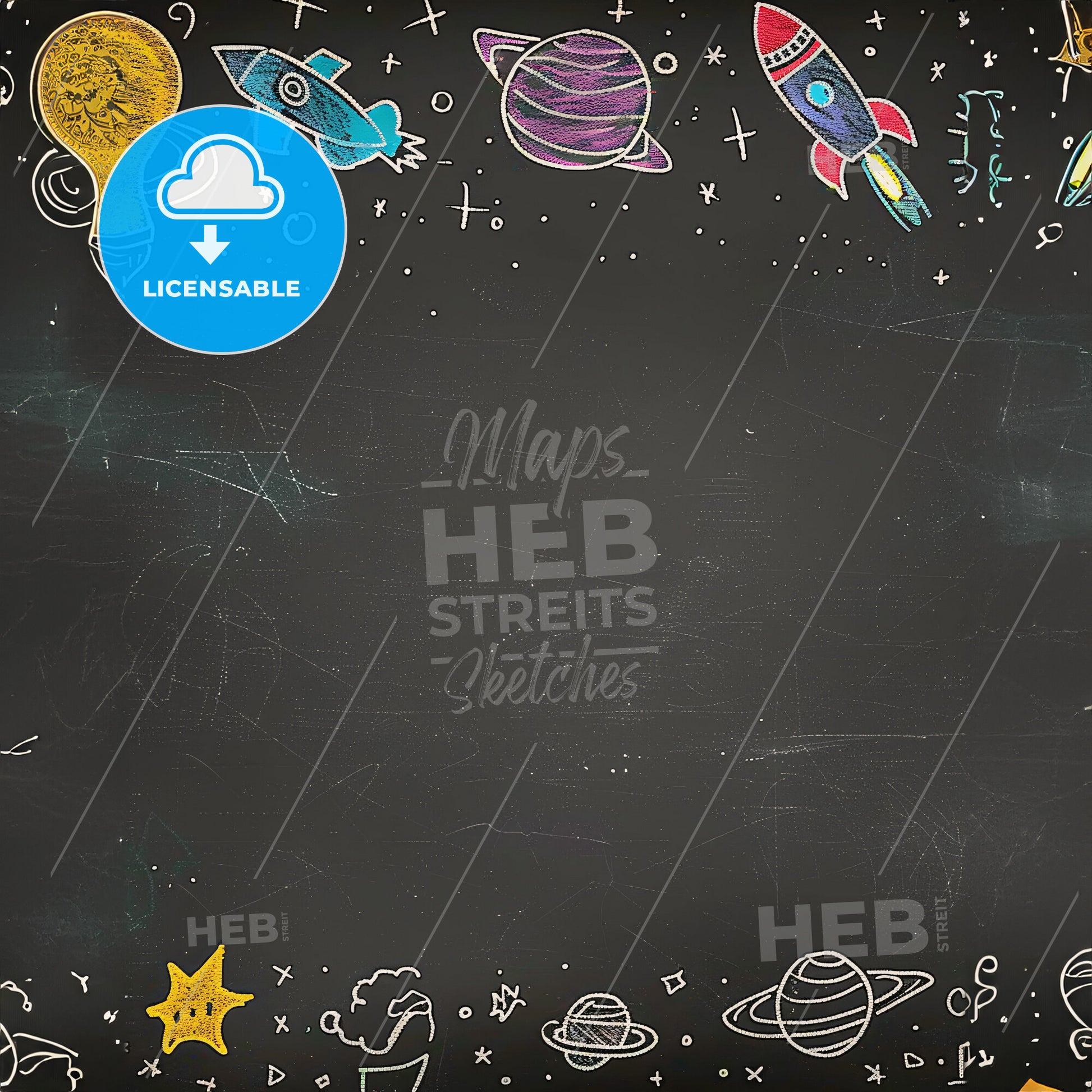 A chalkboard background with spacethemed doodles like stars - A chalkboard with drawings of planets and rockets