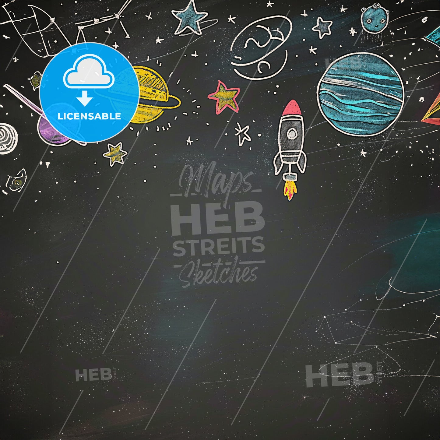 A chalkboard background with spacethemed doodles like stars - A chalk drawing of planets and stars