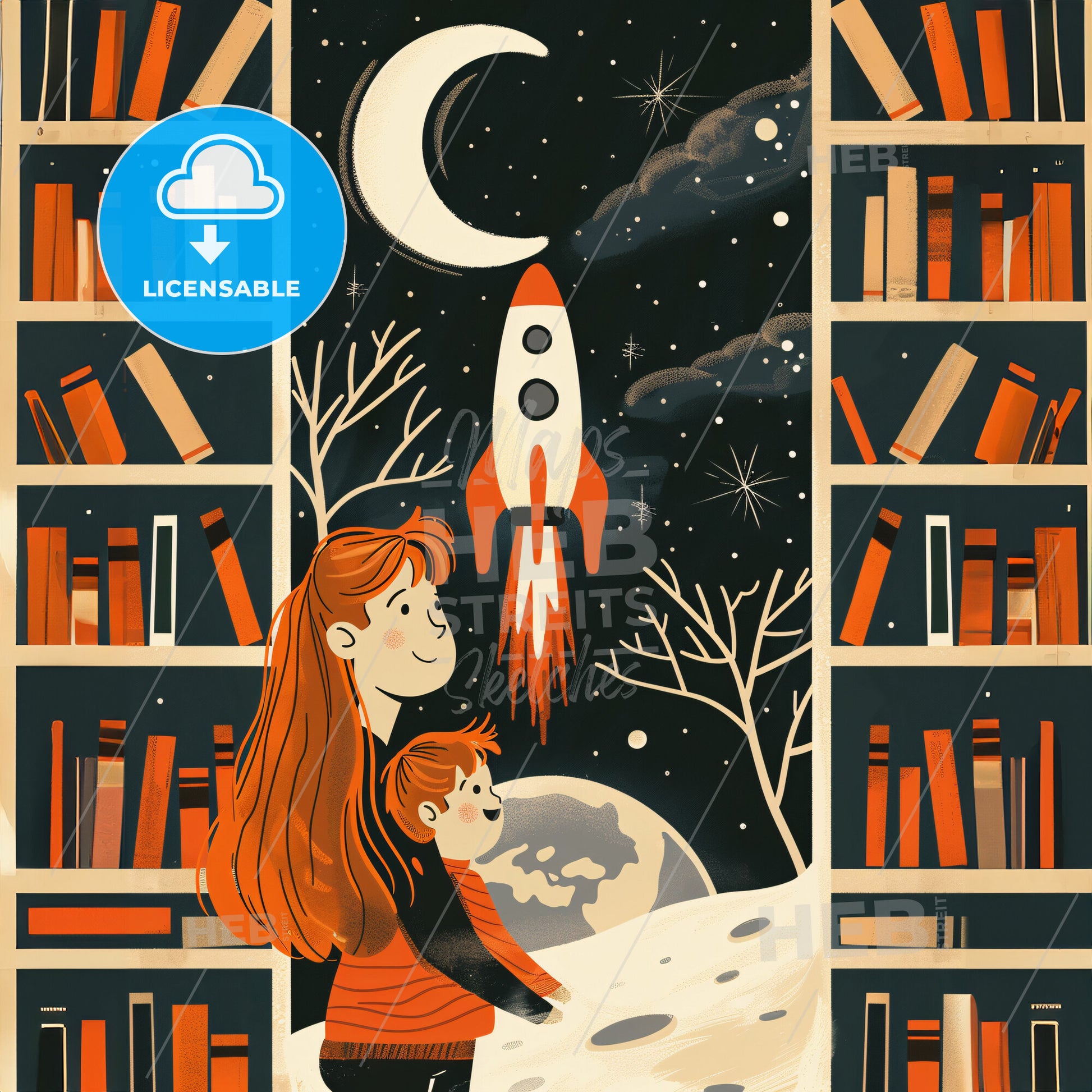 A child and A woman with long hair - A woman and a child looking at a rocket in a library