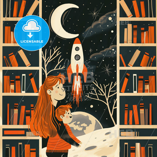 A child and A woman with long hair - A woman and a child looking at a rocket in a library