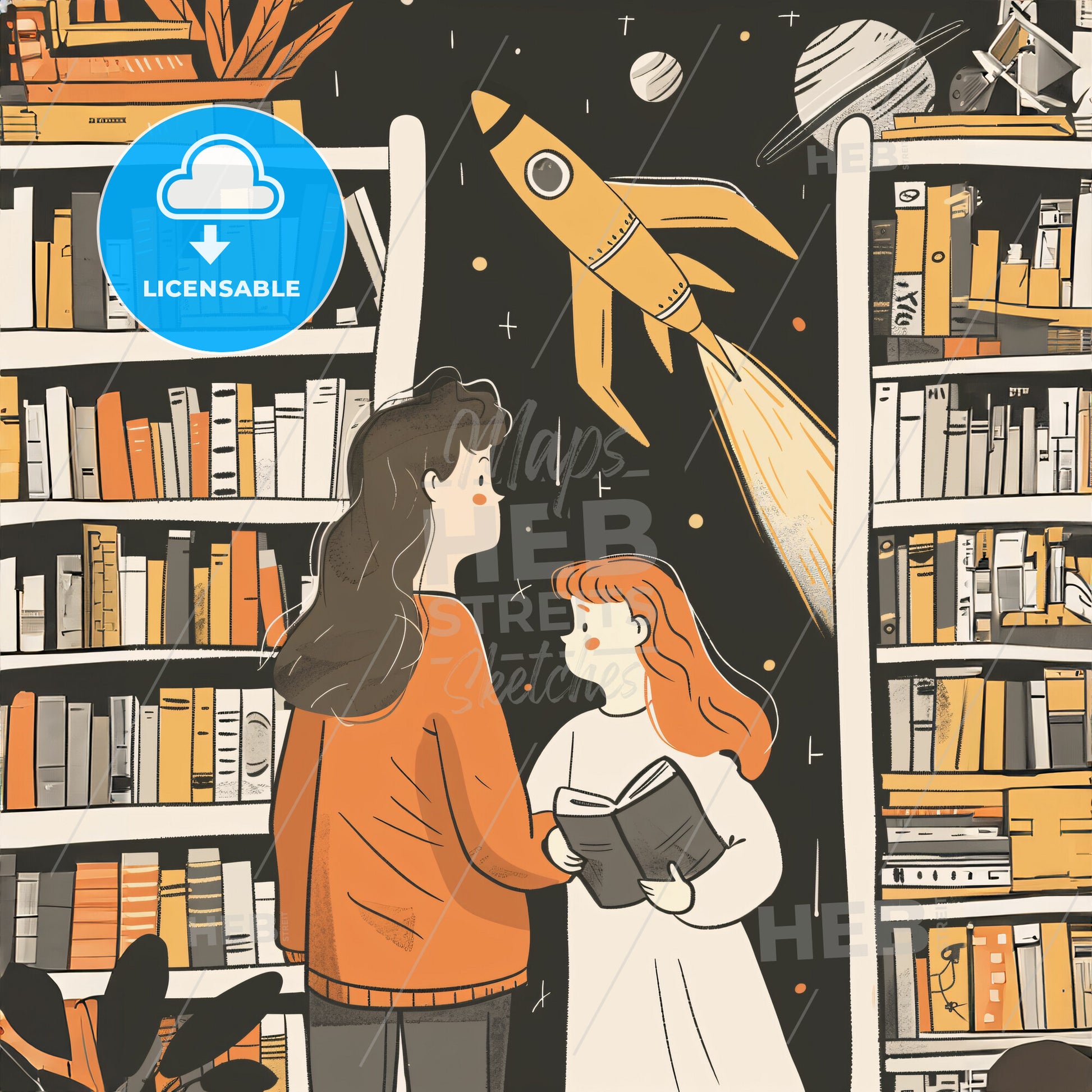 A child and A woman with long hair - A woman and a girl looking at a book in a library