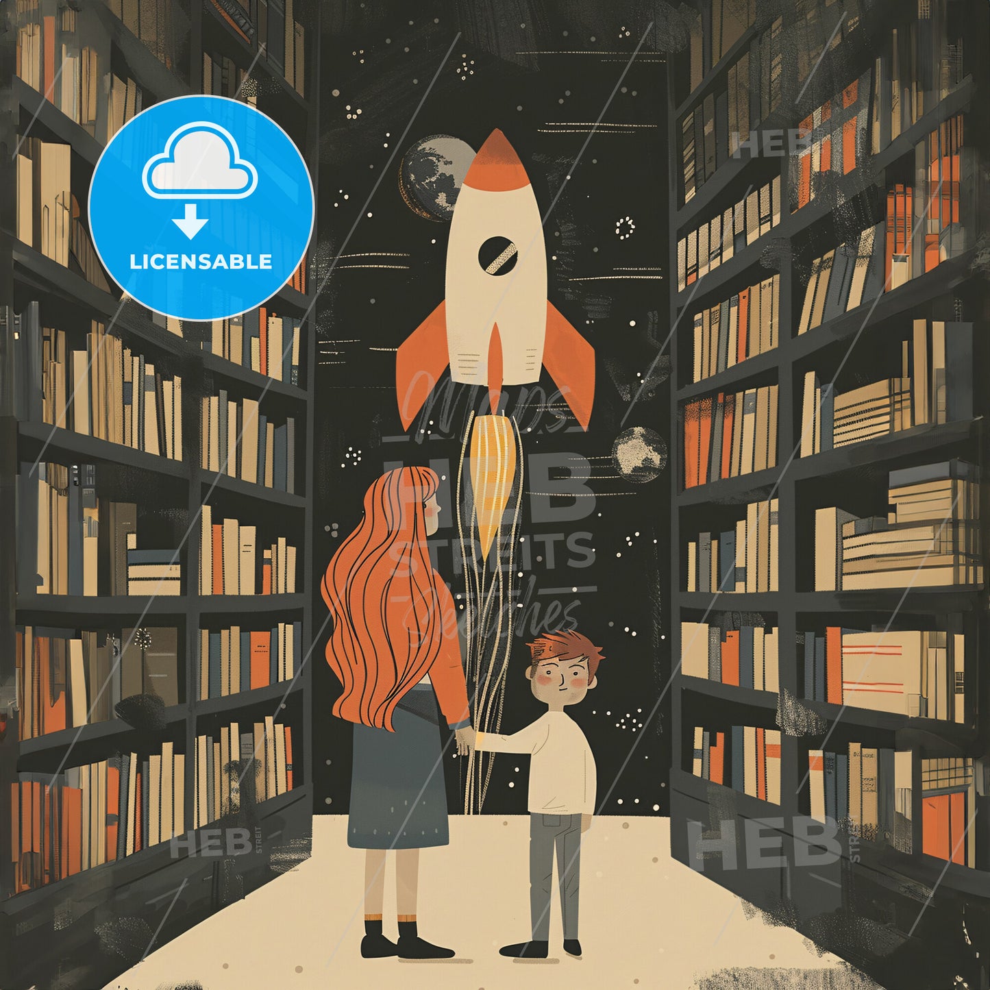 A child and A woman with long hair - A woman and boy looking at a rocket in a library
