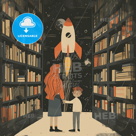 A child and A woman with long hair - A woman and boy looking at a rocket in a library