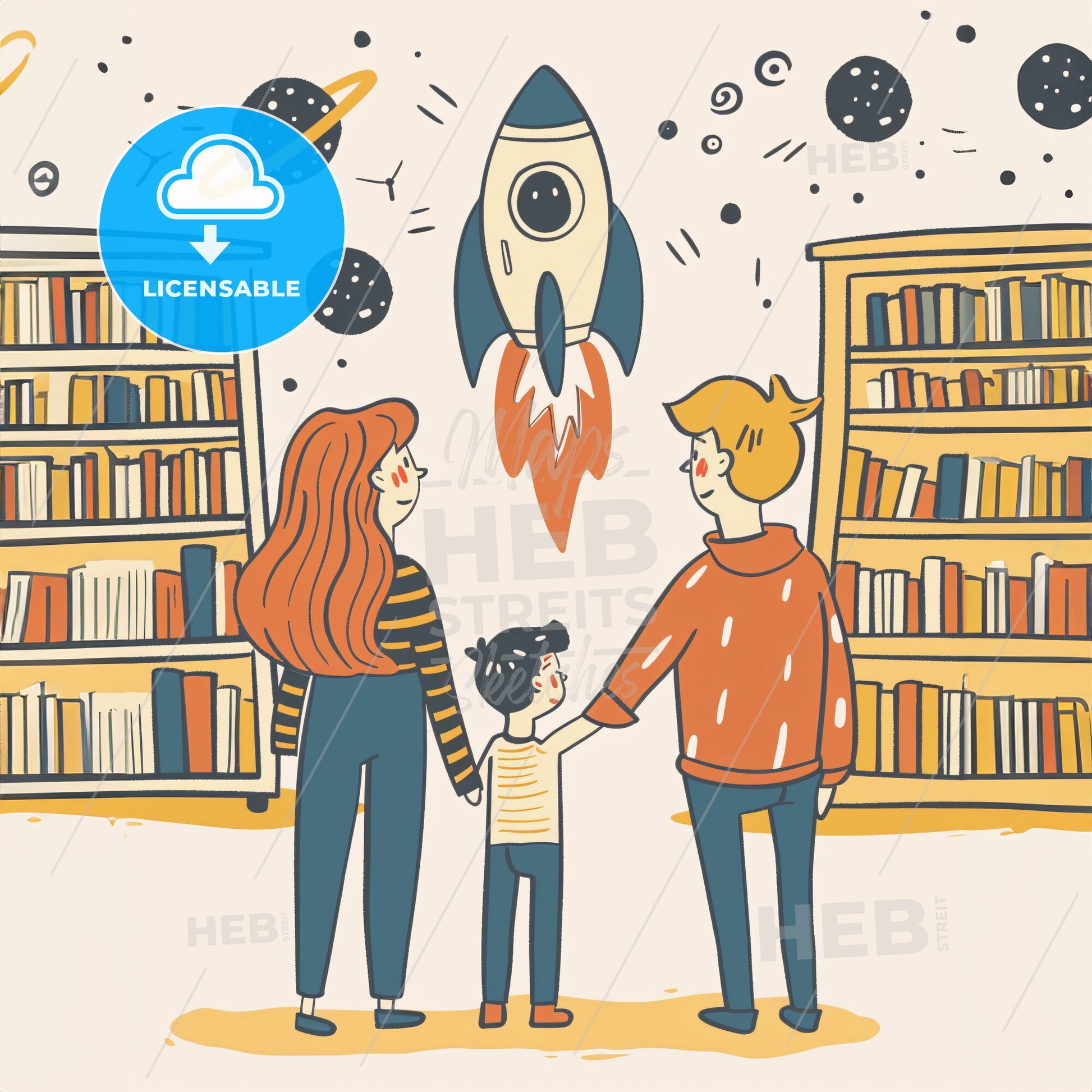 A child and A woman with long hair - A cartoon of a family looking at a rocket