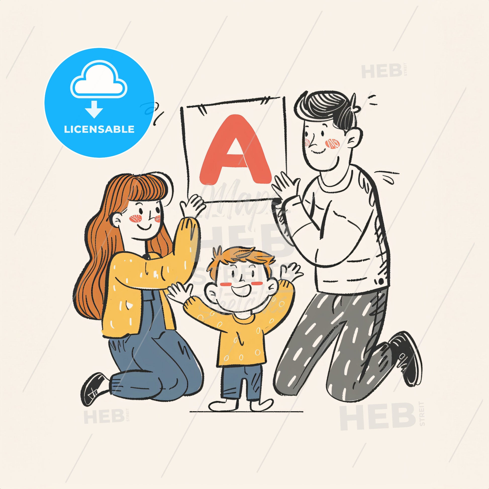 A child beams with pride holding up a spelling test with a big red "A" and a smiley face sticker - A cartoon of a man and a woman holding a sign with a letter