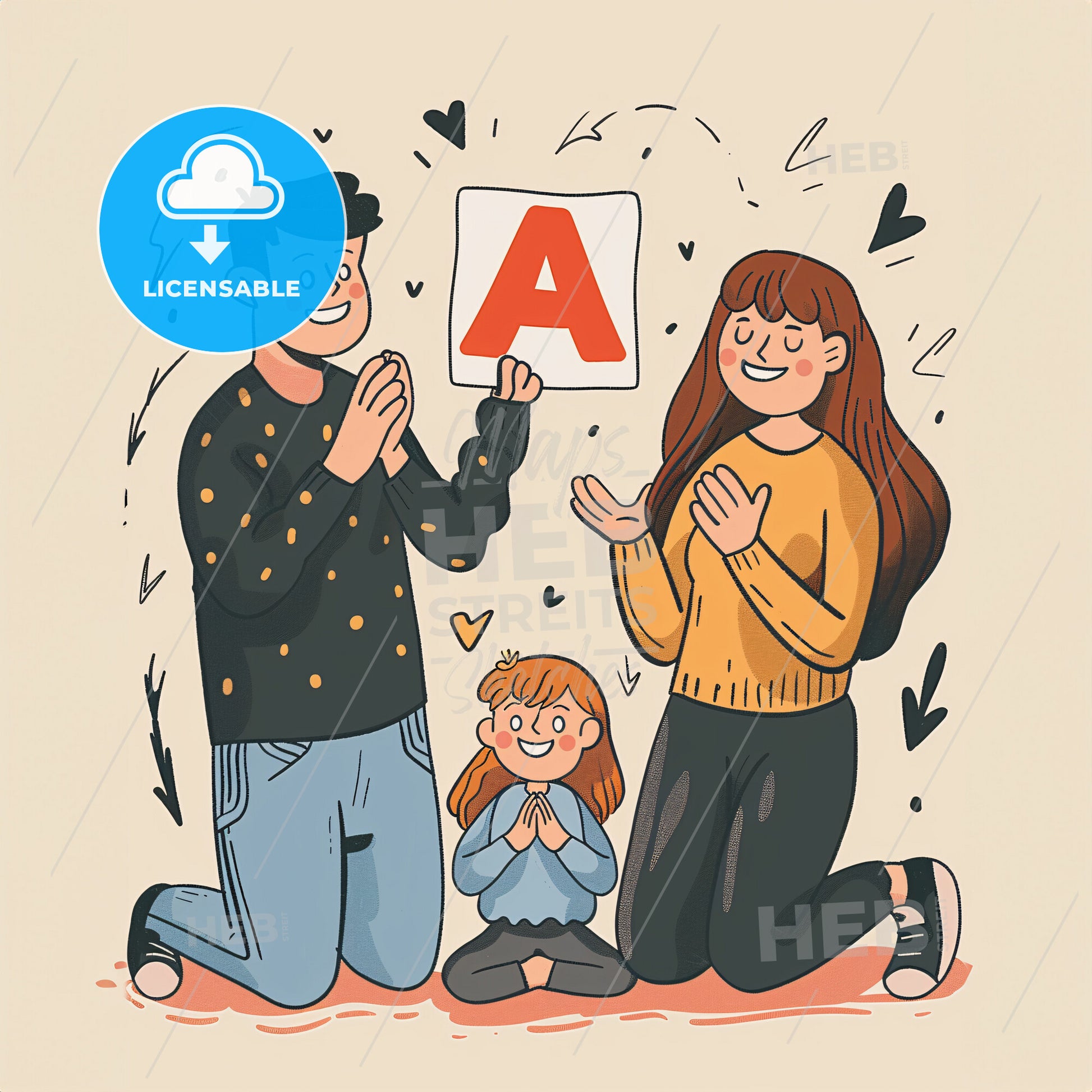 A child beams with pride holding up a spelling test with a big red "A" and a smiley face sticker - A cartoon of a man and a woman holding a sign