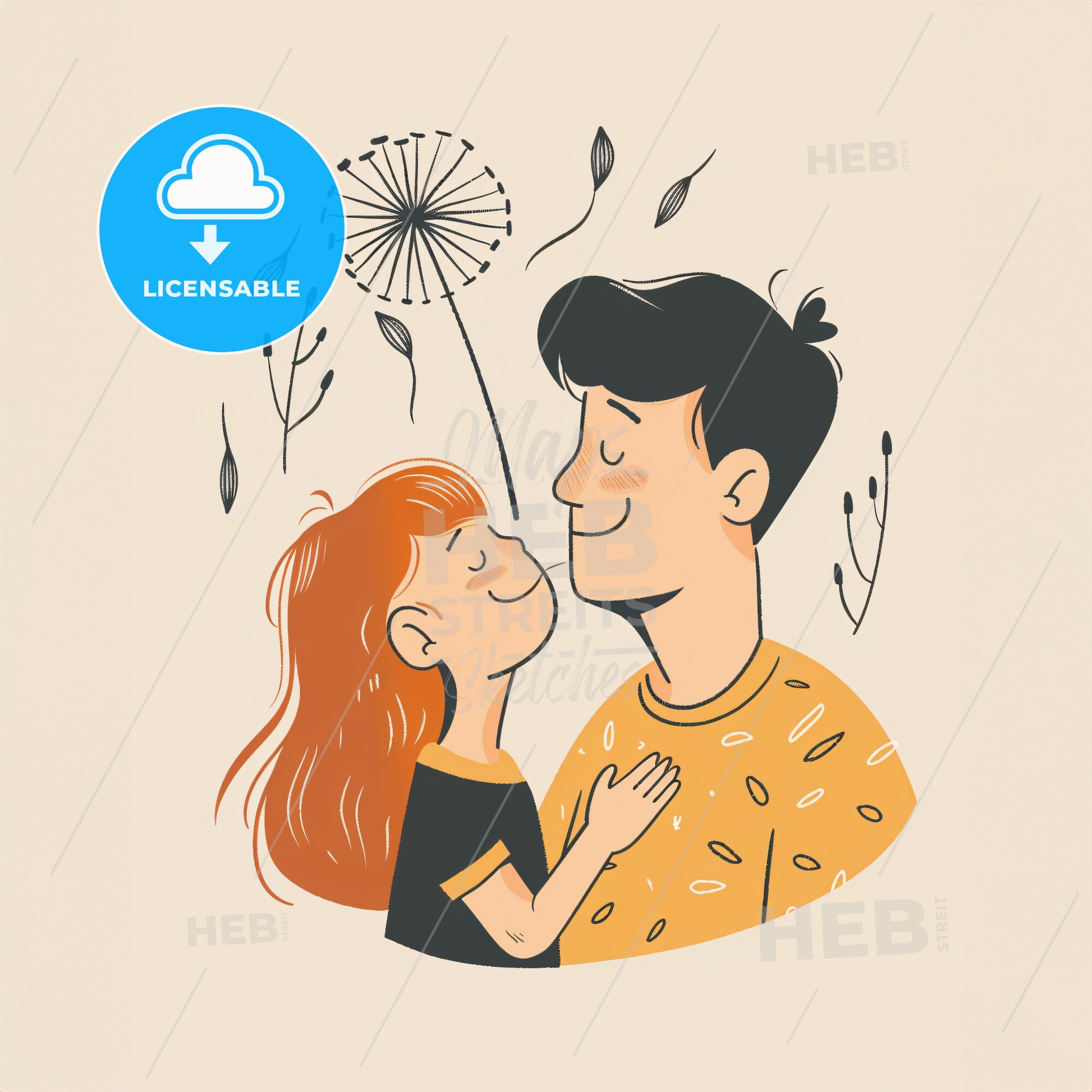 A child blows on a dandelion - A man and woman kissing each other