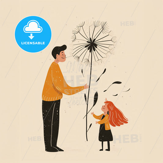 A child blows on a dandelion - A man and a girl looking at a dandelion