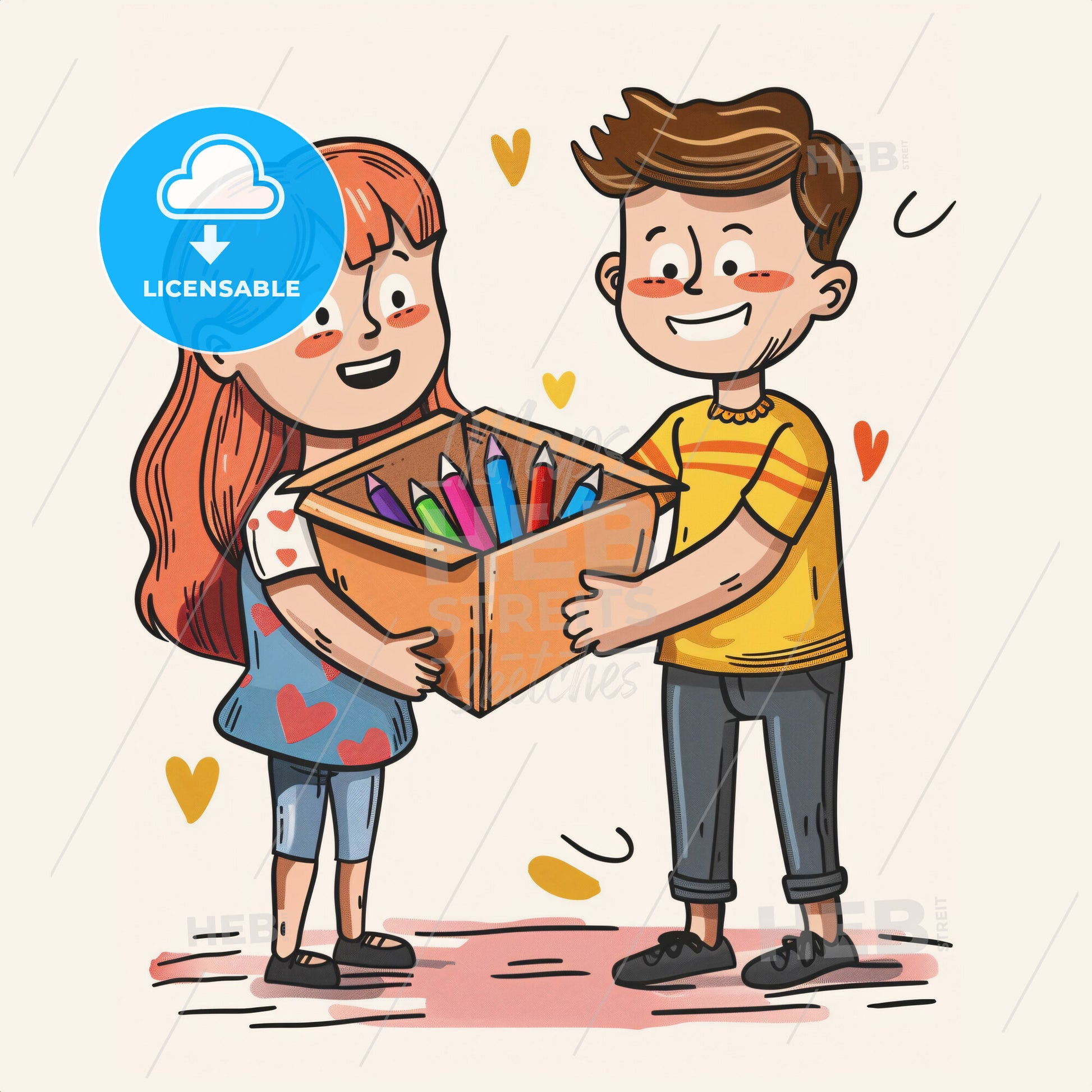 A child holding a box of crayons - A cartoon of a boy and girl holding a box of crayons
