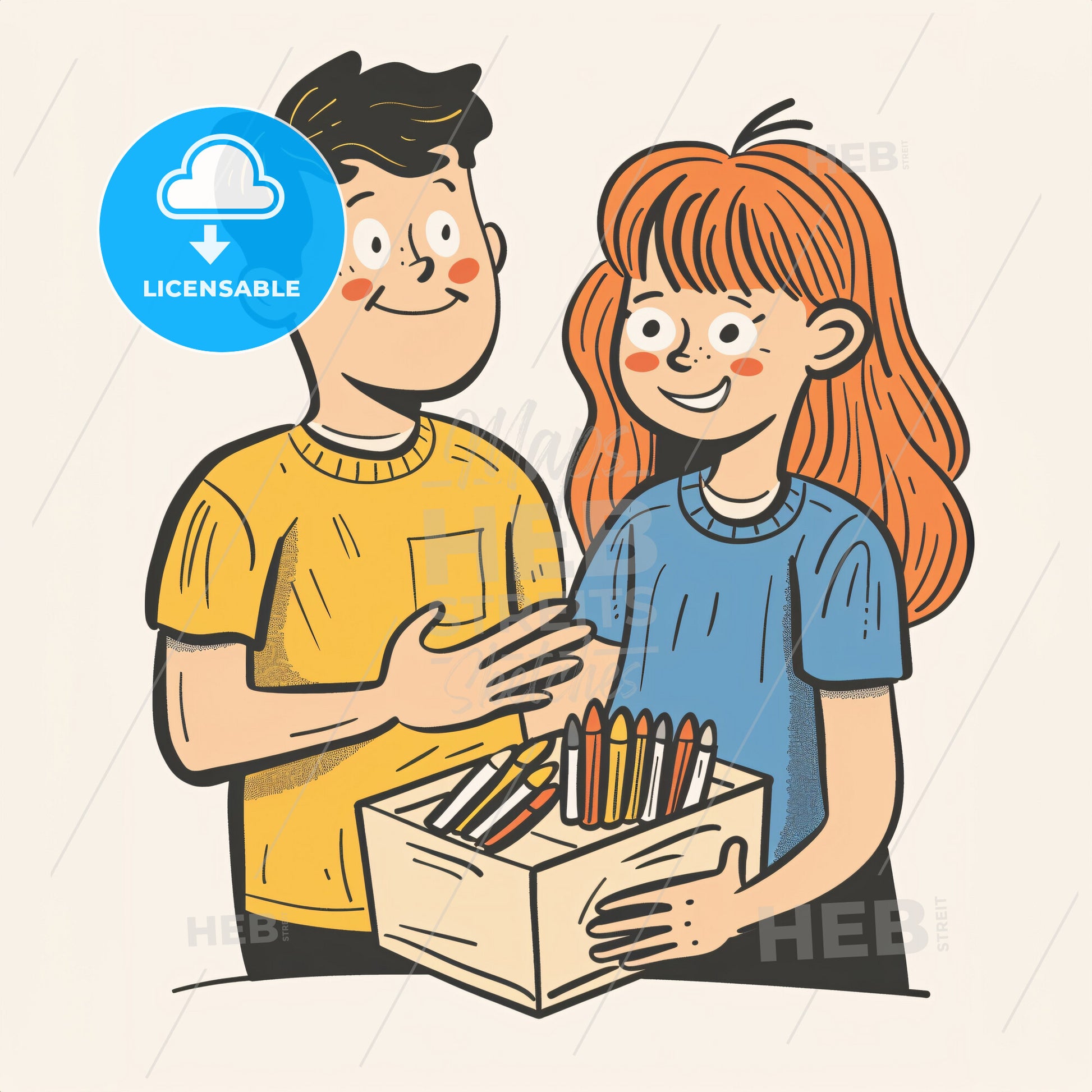 A child holding a box of crayons - A cartoon of a boy and girl holding a box of colored pencils