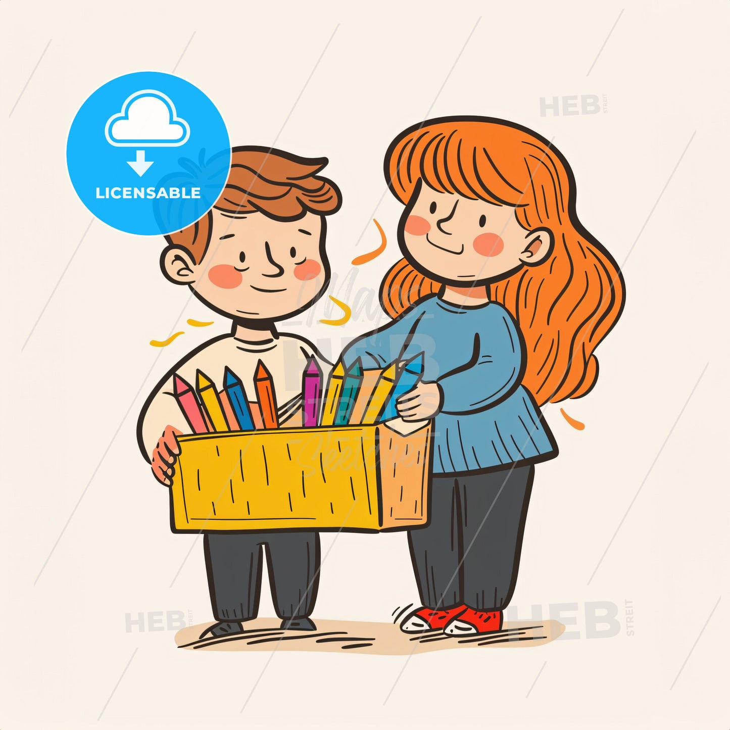A child holding a box of crayons - A cartoon of a boy and girl holding a box of crayons