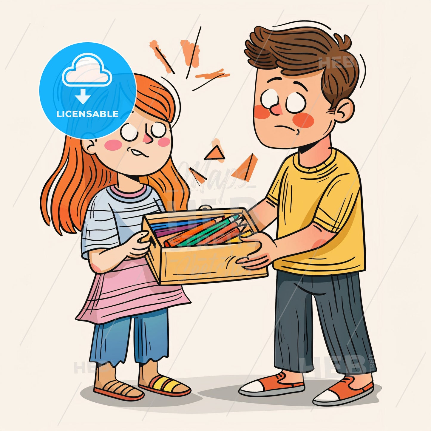 A child holding a box of crayons - A cartoon of a boy and girl holding a box of crayons
