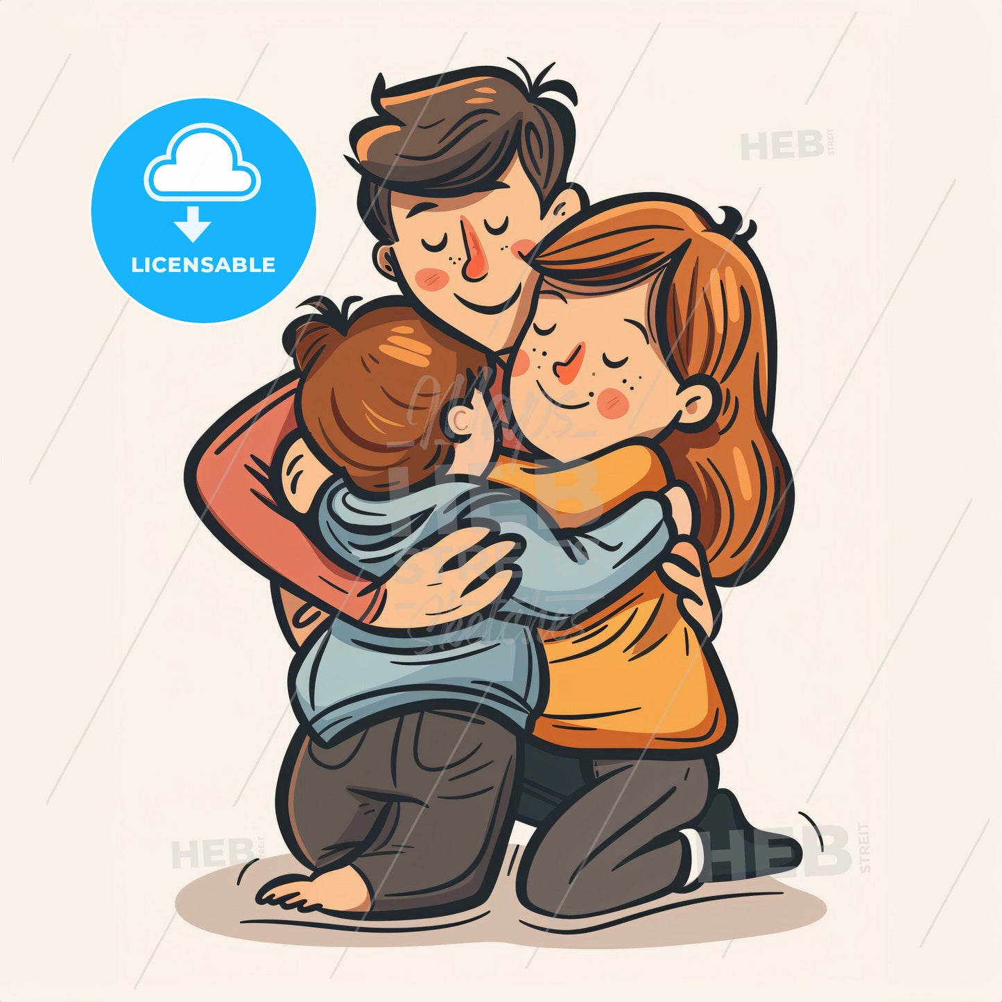 A child holding onto a parents leg at daycare drop-off - A cartoon of a group of people hugging